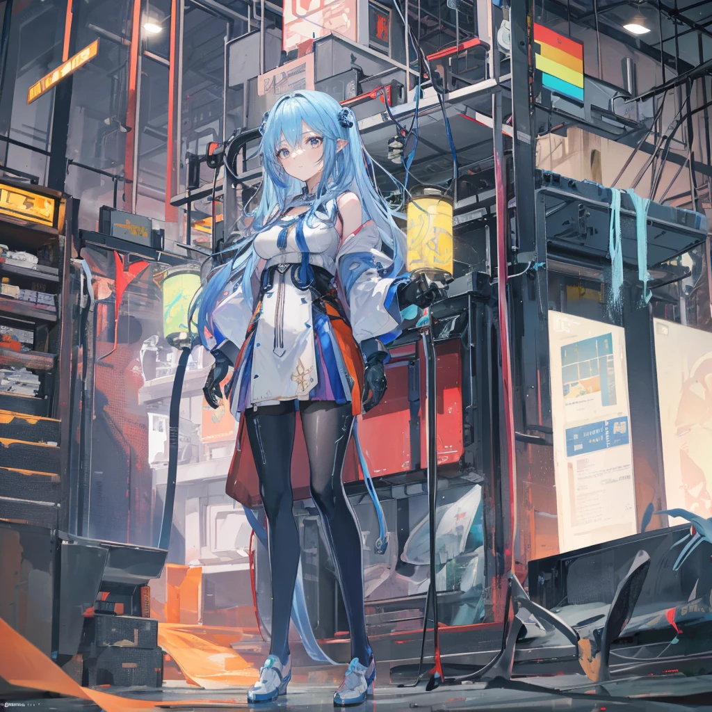 ((masterpiece, best quality)),illustration,Super Fine 8k,Reality,Clear focus,Very detailed,Professional lighting,Colorful Detailed,Extremely long shot of the rainbow-colored BREAK factory,Large machinery construction,Microchip,,Luminescence,Intricate details,Shitu-mecha,1 girl standing in front of the audience,Umbilical cord