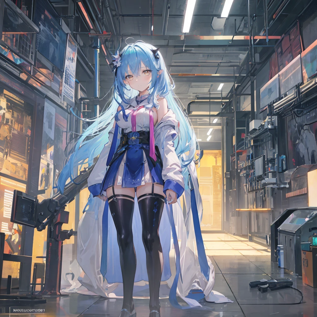 ((masterpiece, best quality)),illustration,Super Fine 8k,Reality,Clear focus,Very detailed,Professional lighting,Colorful Detailed,Extremely long shot of the rainbow-colored BREAK factory,Large machinery construction,Microchip,,Luminescence,Intricate details,Shitu-mecha,1 girl standing in front of the audience,Umbilical cord