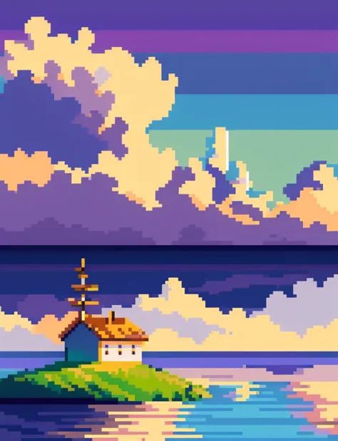 pixel art, house, island, water, tree, boat, sky, sunset, calm, pixelated.