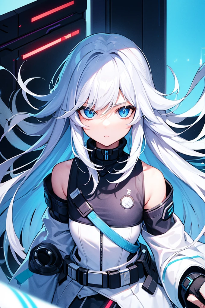 girl with white long hair and blue eyes, cyberpunk outfit, Staring upwards, white background