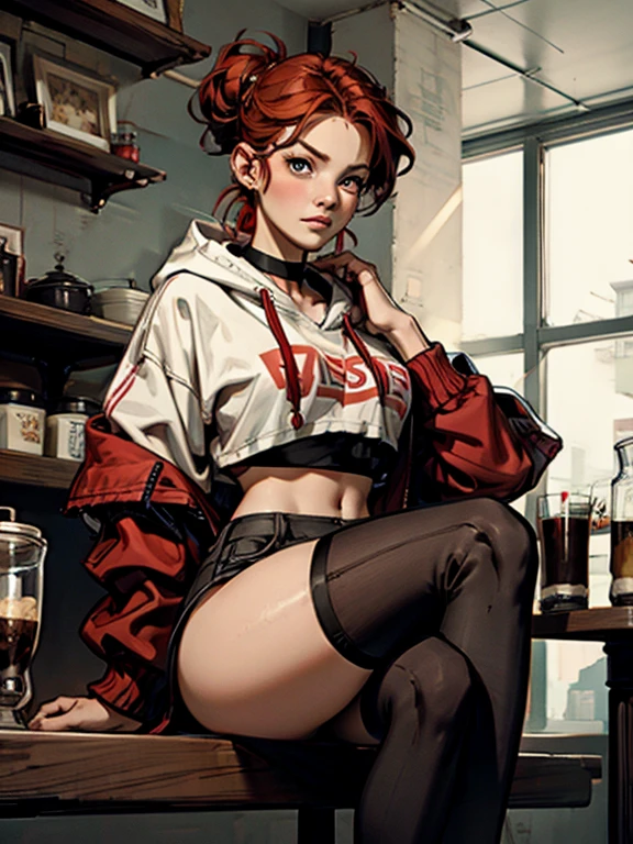 1 girl, Red hair, updo hairstyle, streaks of hair in face, red eyes, mascara, oversized hoodie, midriff, hot pants, tights, laced tights, bags under eyes, sitting, coffee shop, ground angle shot, viewer looking up, feet in tights,  saggy tits, chocker, raw photography, 8k, masterwork,