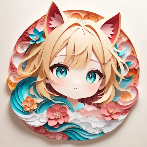 cat ears of the same color as the hair、paper cutting art,(flat paper cutout，paper art，layered paper art，paper quilting, digital ...