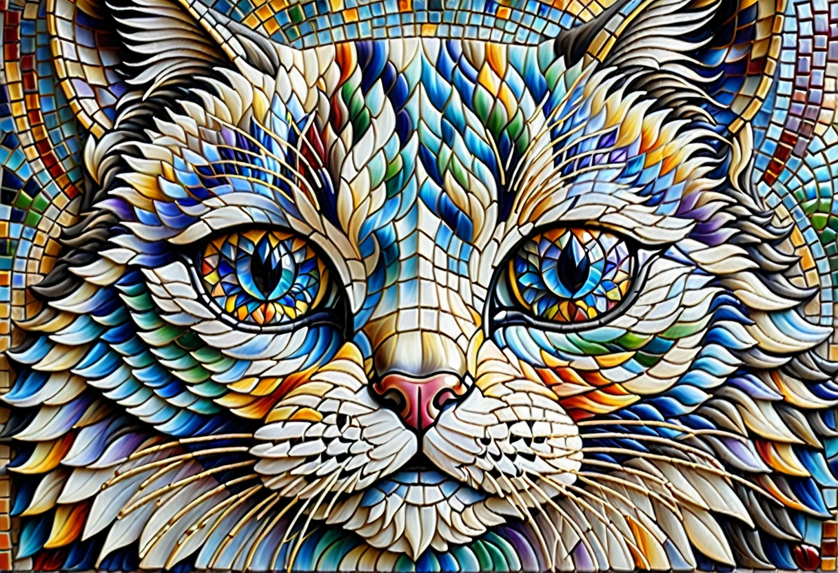 Mosaic tile, mural, ragdoll cat, god of catsのクローズアップ, god of cats, alex grey cat, Great art, Cat masterpiece, A work of art created with Mosaic tiles in every detail, Cat Details, Visionary art, Cat Cat Dream Cat, Great art, Great art, highly detailed Visionary art, By Eva Švankmajerová, Written by Lee Mi Soo,modern-art