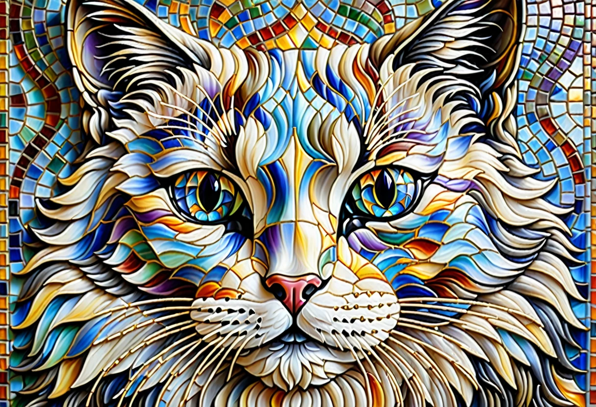 Mosaic tile, mural, ragdoll cat, god of catsのクローズアップ, god of cats, alex grey cat, Great art, Cat masterpiece, A work of art created with Mosaic tiles in every detail, Cat Details, Visionary art, Cat Cat Dream Cat, Great art, Great art, highly detailed Visionary art, By Eva Švankmajerová, Written by Lee Mi Soo,modern-art