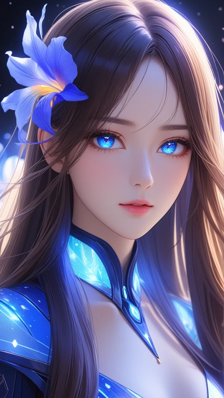 8K, Ultra HD, Masterpiece, 1 girl, exquisite face:1.5), very long hair, strait hair, detailed eyes, ultimate details, wearing transparent science fiction clothes, blue clothes, (glowing clothes:1.4), amazing magnificence, LED Internal lighting, glowing iris, glowing iris,