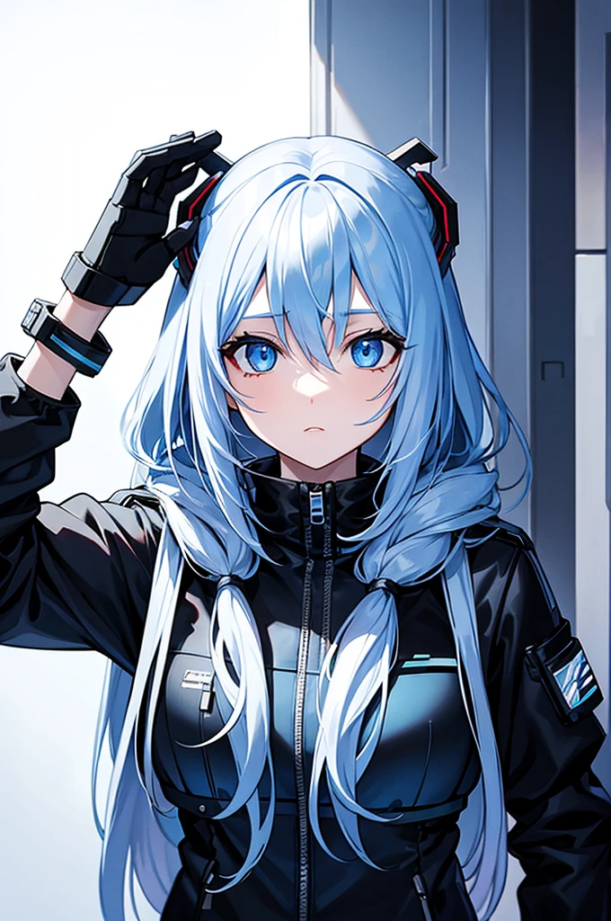 girl with white long hair and blue eyes, cyberpunk outfit, Staring upwards, white background