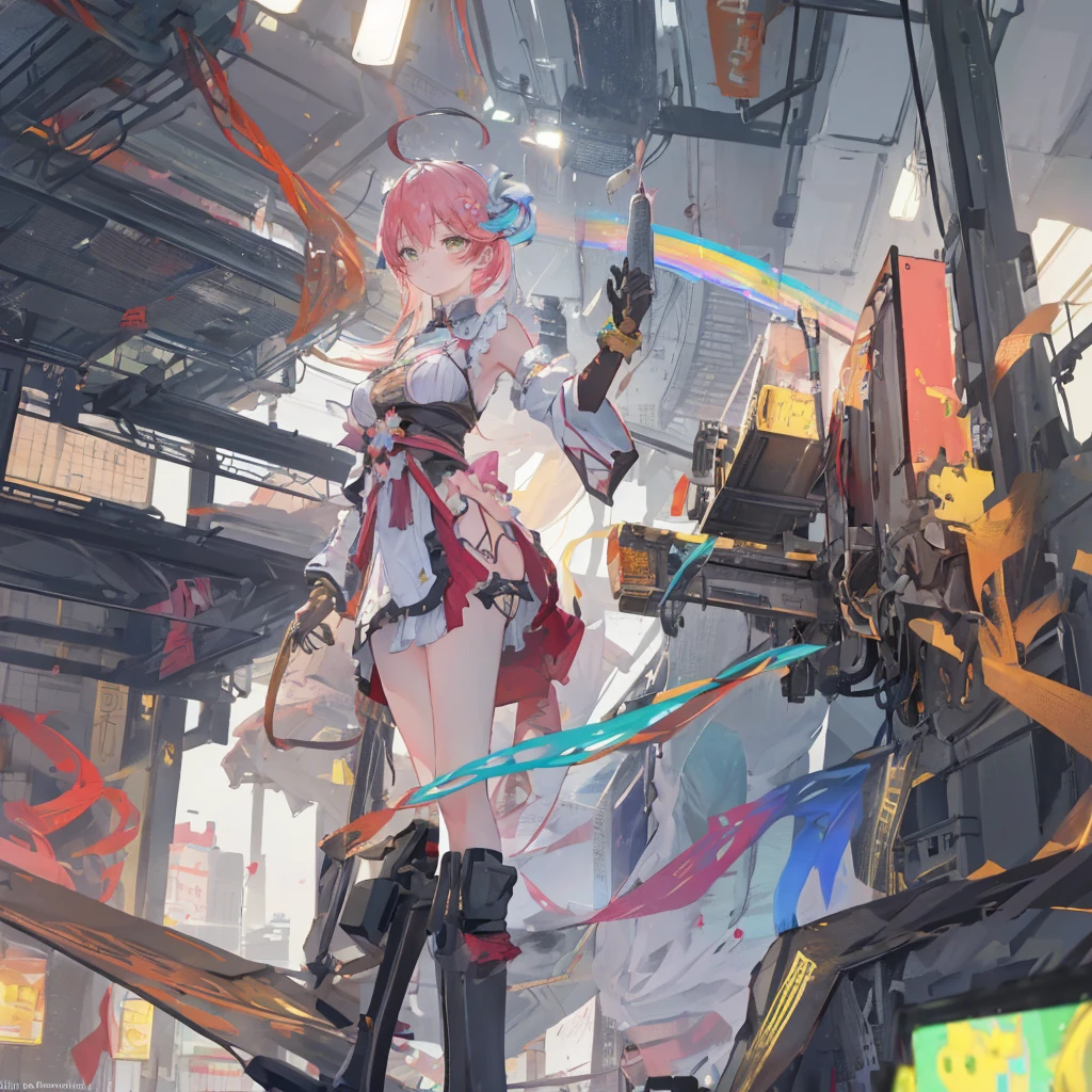 ((masterpiece, best quality)),illustration,Super Fine 8k,Reality,Clear focus,Very detailed,Professional lighting,Colorful Detailed,Extremely long shot of the rainbow-colored BREAK factory,Large machinery construction,Microchip,,Luminescence,Intricate details,Shitu-mecha,1 girl standing in front of the audience,Umbilical cord