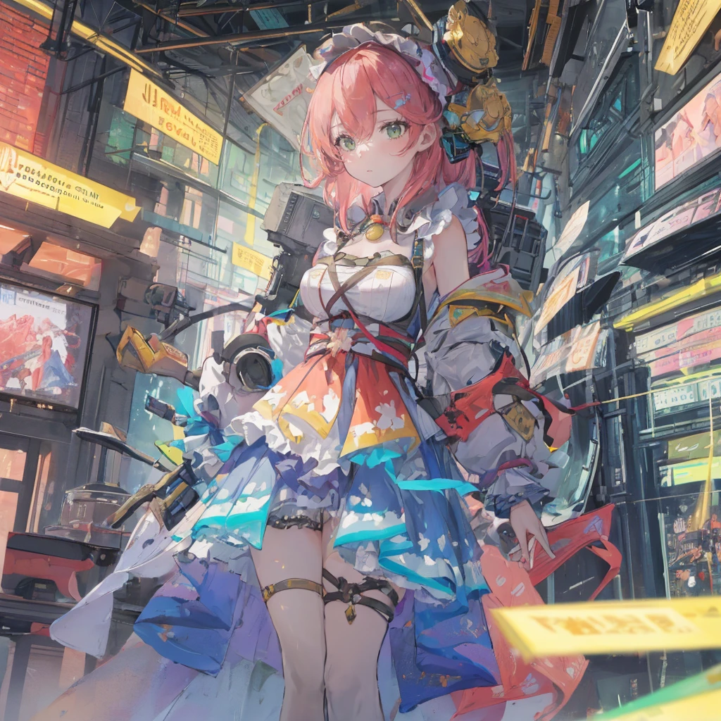 ((masterpiece, best quality)),illustration,Super Fine 8k,Reality,Clear focus,Very detailed,Professional lighting,Colorful Detailed,Extremely long shot of the rainbow-colored BREAK factory,Large machinery construction,Microchip,,Luminescence,Intricate details,Shitu-mecha,1 girl standing in front of the audience,Umbilical cord