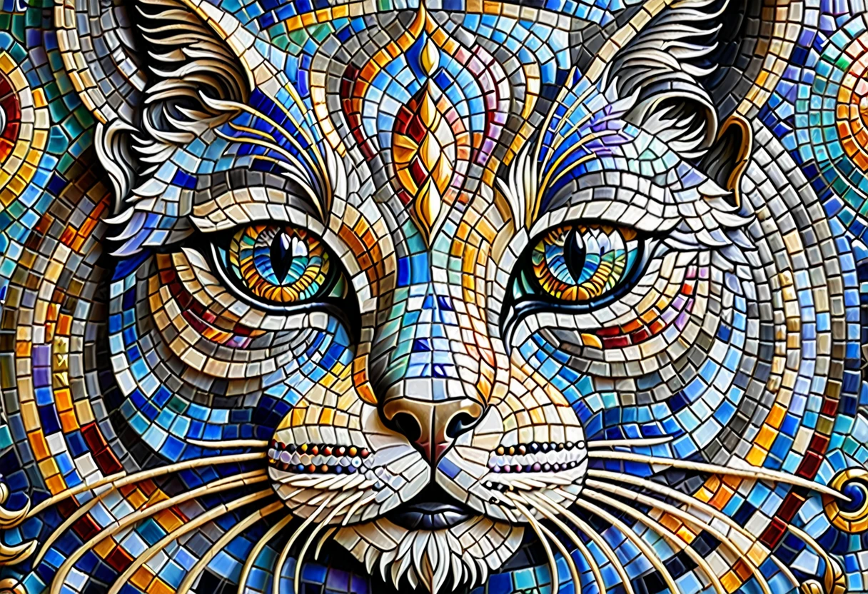 Mosaic tile, mural, god of catsのクローズアップ, god of cats, alex grey cat, Great art, Cat masterpiece, A work of art created with Mosaic tiles in every detail, Cat Details, Visionary art, Cat Cat Dream Cat, Great art, Great art, highly detailed Visionary art, By Eva Švankmajerová, Written by Lee Mi Soo,modern-art