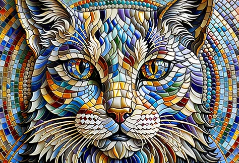 mosaic tile, mural, god of catsのクローズアップ, god of cats, alex grey cat, great art, cat masterpiece, a work of art created with mosa...