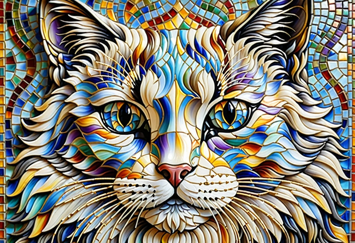 Mosaic tile, mural, ragdoll cat, god of catsのクローズアップ, god of cats, alex grey cat, Great art, Cat masterpiece, A work of art created with Mosaic tiles in every detail, Cat Details, Visionary art, Cat Cat Dream Cat, Great art, Great art, highly detailed Visionary art, By Eva Švankmajerová, Written by Lee Mi Soo,modern-art