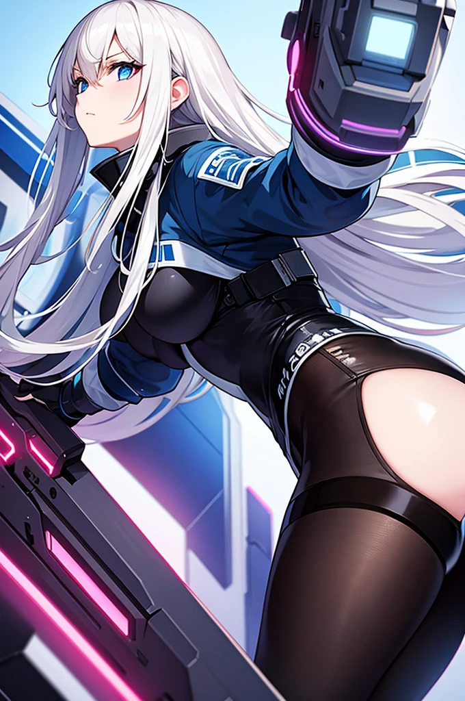 girl with white long hair and blue eyes, cyberpunk outfit, Staring upwards, white background, 8k resolution, high quality, holding a gun