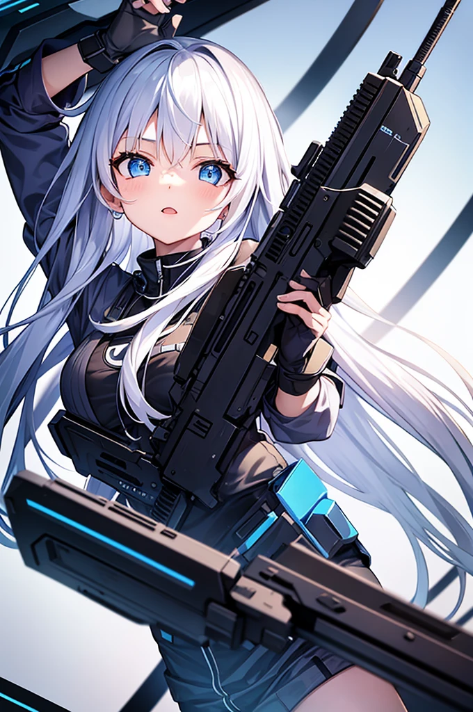 girl with white long hair and blue eyes, cyberpunk outfit, Staring upwards, white background, 8k resolution, high quality, holding a gun