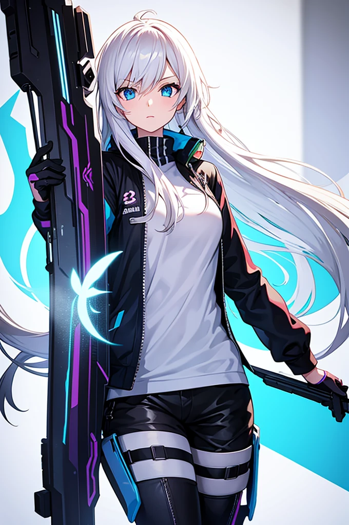 girl with white long hair and blue eyes, cyberpunk outfit, Staring upwards, white background, 8k resolution, high quality, holding a gun