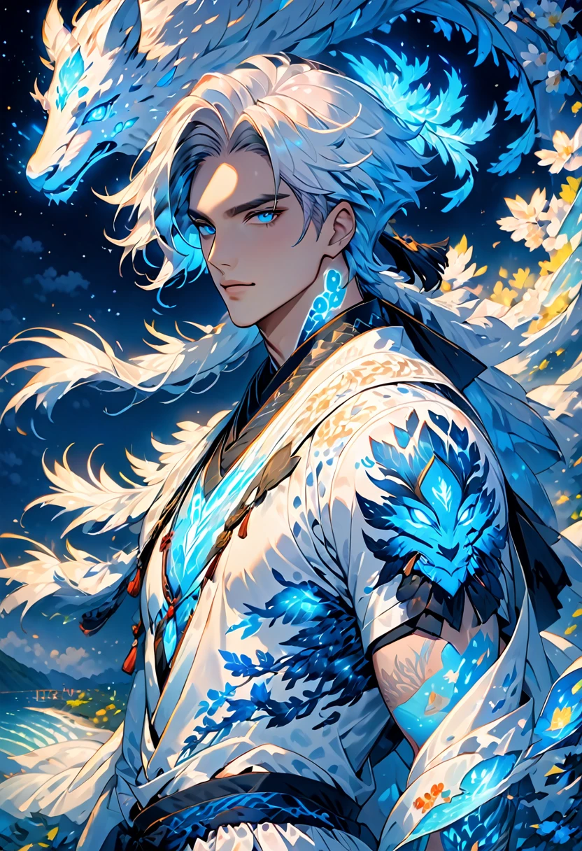  (Incredibly soft and beautiful:1.2), 8 K, (tmasterpiece, best:1.2), (Male:1.5) masterpiece, best quality, (detailed:1.3) half-naked body with pale skin and (long_WHITE_hair:1.4). All his pale skin is there. (BLUE_luminous_tattoos:1.5), on face, On the body. (magic_bioluminescent_tattoos:1.5) Nude upper body, paleBLUE colour dominating, Cloudy Night, Sharp Focus, highly detailed, Magical fantasy style,Glowing RunesAI_BLUE,,bioluminescent body paint fbpz,Were_Ranger_face,4rmorbre4k,Glowing RunesAI_BLUE