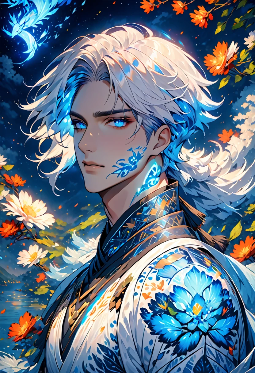  (Incredibly soft and beautiful:1.2), 8 K, (tmasterpiece, best:1.2), (Male:1.5) masterpiece, best quality, (detailed:1.3) half-naked body with pale skin and (long_WHITE_hair:1.4). All his pale skin is there. (BLUE_luminous_tattoos:1.5), on face, On the body. (magic_bioluminescent_tattoos:1.5) Nude upper body, paleBLUE colour dominating, Cloudy Night, Sharp Focus, highly detailed, Magical fantasy style,Glowing RunesAI_BLUE,,bioluminescent body paint fbpz,Were_Ranger_face,4rmorbre4k,Glowing RunesAI_BLUE