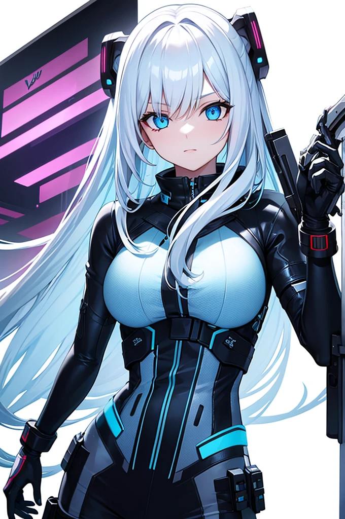 girl with white long hair and blue eyes, cyberpunk outfit, Staring upwards, white background, 8k resolution, high quality, holding two combat knifes 