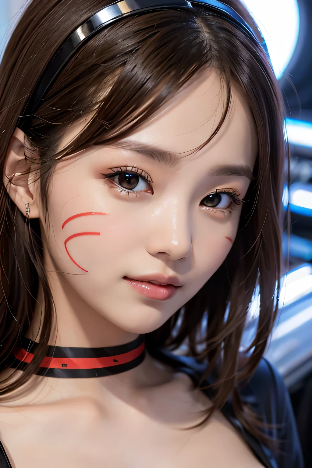 ８K, Portraiture, Portraiture, (alone), masterpiece, Highest quality,  (((slim)))、Flat Body、、cute、Round face、((Close-up of face photo))、(Matte black clothing with red lines:1.3)、Black Hair、、Lazy Smile、(black eye)