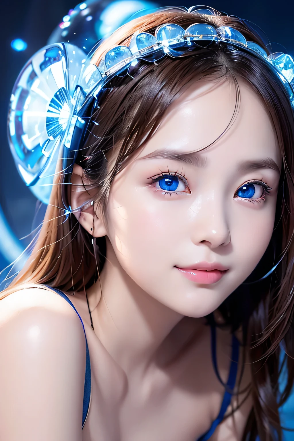 ８K, Portraiture, Portraiture, (alone), masterpiece, Highest quality, Blue glowing plasma ball、 (((slim)))、Flat Body、、cute、Round face、、((Close-up of face photo))、Blue Interface、Lazy Smile、(Sparkling blue eyes)