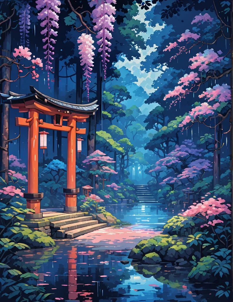 wide view, torii, Japanese forest, dense wisteria trees, day light, rain, reflection, tropical leafy plants, light shine on part of foliage, micro landscape, intrinsic details, starry pink blue  atmosphere, night time, micro landscape, intrinsic details