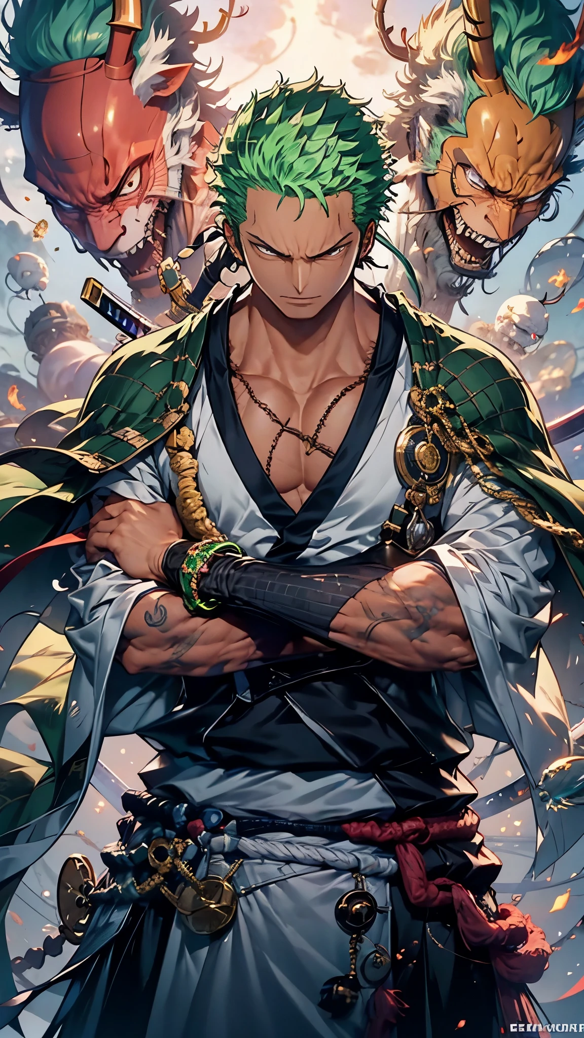 Zoro, standing alone, Looking at Viewer, sorrido, short hair, Eyes red, 1st grade, holding, jewelries, upperbody, missiles, male focus, aretes, Japanese clothing, green haired, antlers, elsword, kimono, segurando missiles, from sideways, tatoo, Ablaze, cicatriz, segurando elsword, katana, scar on the face, scar on eye, Detailed muscle physique, photorealistic representation, 4k resolution. Background Story: Martial arts dojo,UHD 32k, best qualityer, master part, super detaill, High details, ((strong man)).