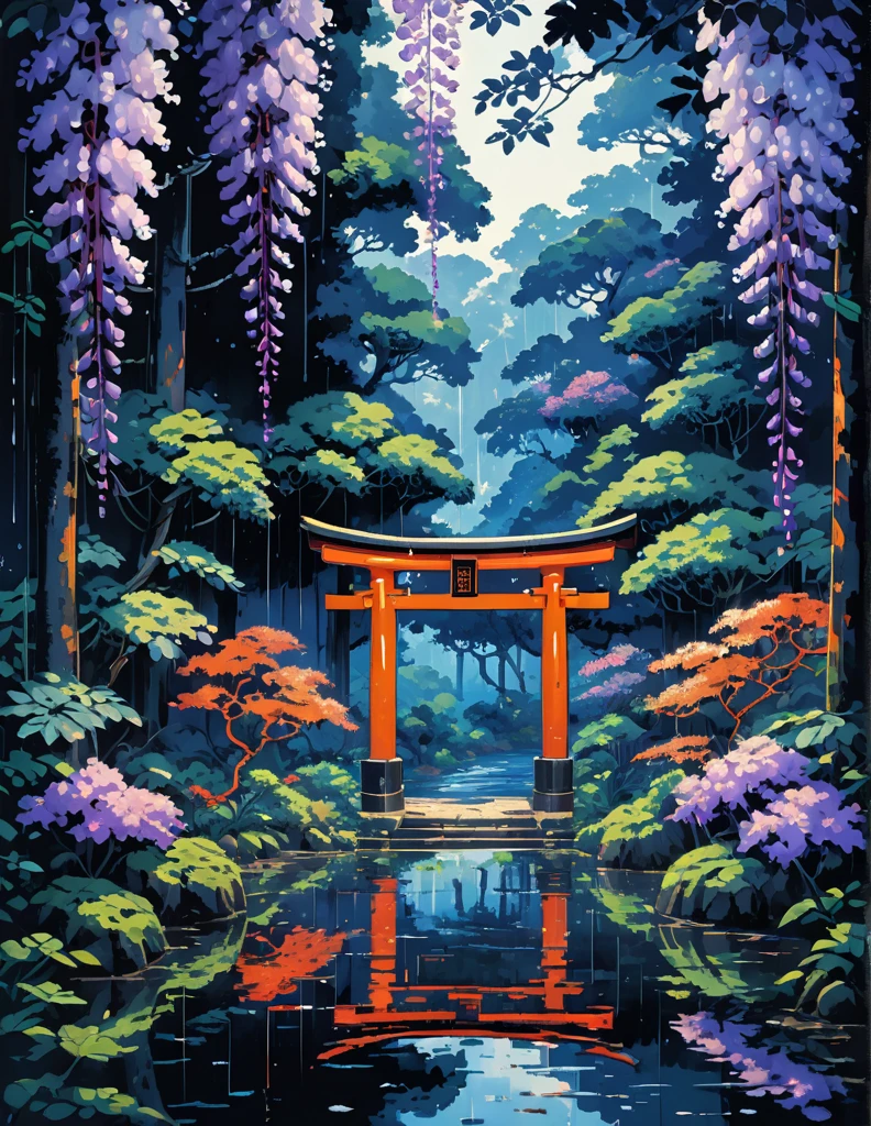 wide view, torii, Japanese forest, dense wisteria trees, day light, rain, reflection, tropical leafy plants, light shine on part of foliage, micro landscape, intrinsic details, dark, night time, micro landscape, intrinsic details