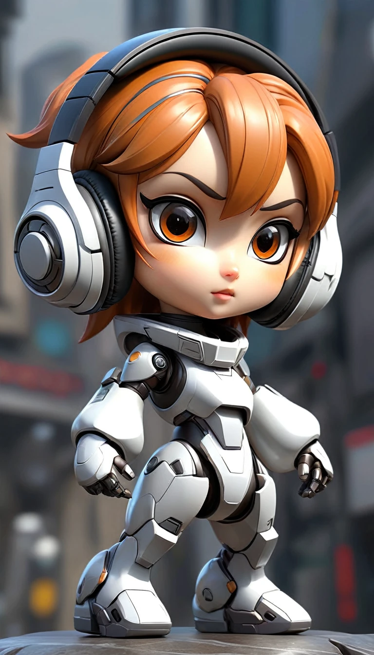 female anime mech, chibi, cute, wearing futuristic headphone, full body, conducting pose, realistic, high detailed, high resolution, hdr, ultra-realistic