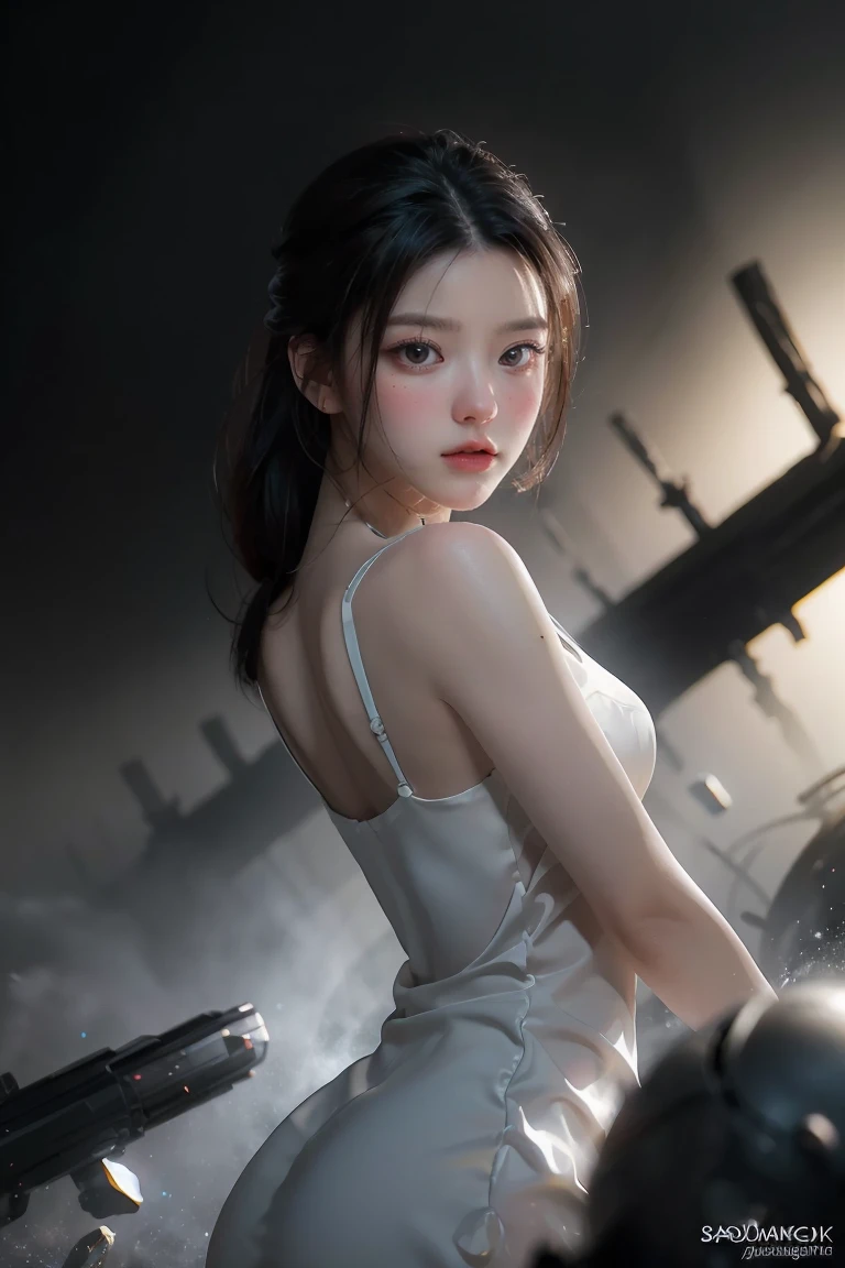 ((masterpiece, best quality)), ultra detailed 8k, photorealistic, sharp focus, highly detailed, professional lighting , shadowmancer, photo of a woman, ink particle, ((swirling black ink floating around)), futuristic fantasy, futuristic white dress, dynamic pose, realistic, masterpiece, intricate details, detailed background, depth of field,