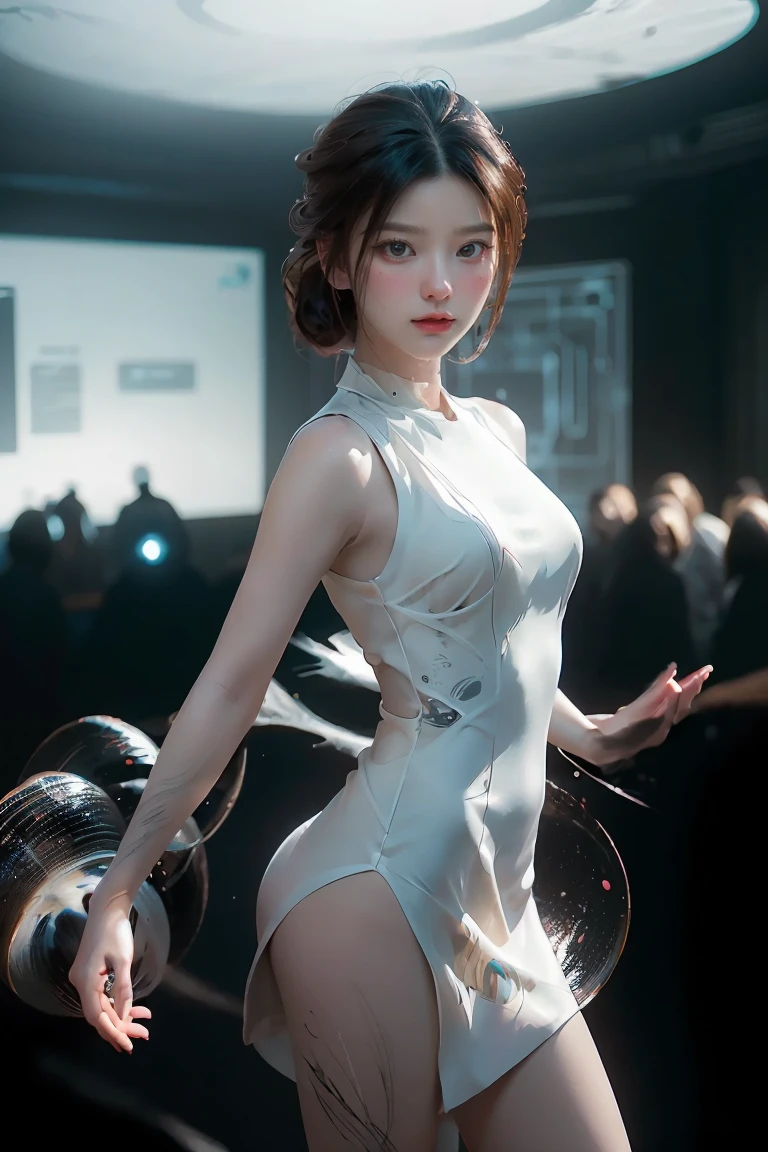 ((masterpiece, best quality)), ultra detailed 8k, photorealistic, sharp focus, highly detailed, professional lighting , shadowmancer, photo of a woman, ink particle, ((swirling black ink floating around)), futuristic fantasy, futuristic white dress, dynamic pose, realistic, masterpiece, intricate details, detailed background, depth of field,