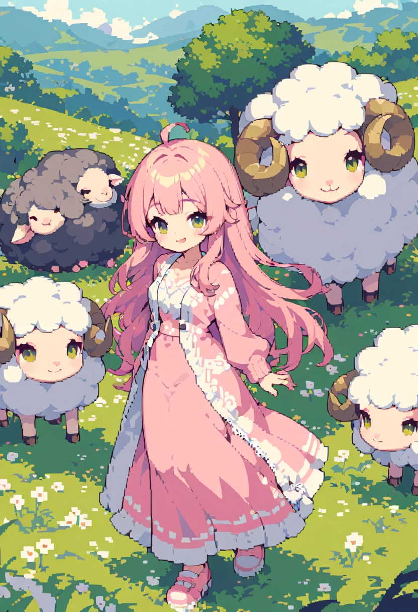 masterpiece, Highest quality, 8k, Pixel art, Pixel art, Vivid, woman, 若いwoman, smile, cute, Directed at an angle, Open your mouth, Fluffy hair, Long Hair, sheepの毛のような髪, Pink Hair, eyebrow, 太いeyebrow, one piece, Pink clothes, Long skirt, cardigan, 水色のcardigan, shoes, 茶色いshoes, grassland, sheep, もこもこのsheep, 大きいsheep, sheepの群れ, sheepに乗っている,