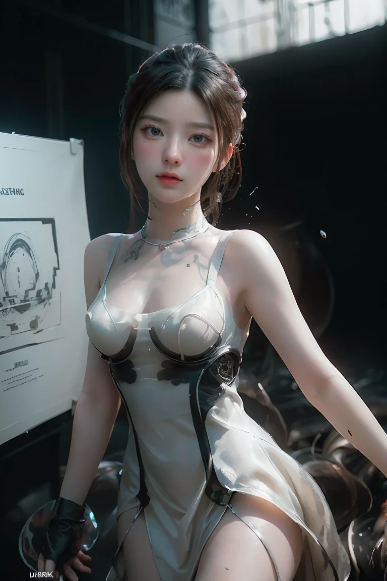 ((masterpiece, best quality)), ultra detailed 8k, photorealistic, sharp focus, highly detailed, professional lighting , shadowmancer, photo of a woman, ink particle, ((swirling black ink floating around)), futuristic fantasy, futuristic white dress, dynamic pose, realistic, masterpiece, intricate details, detailed background, depth of field,