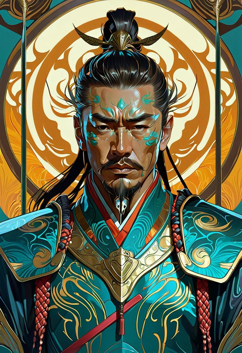 The Warlord, cyberpunk samurai warrior, tropical, polycarbonne portrait, portrait, hyper realistic, high resolution detailed, cinematic, epic, art nouveau, ornate, elegant, luxury, elite, by Peter Mohrbacher, Alphonse Mucha.  --h 1152 --w 2048