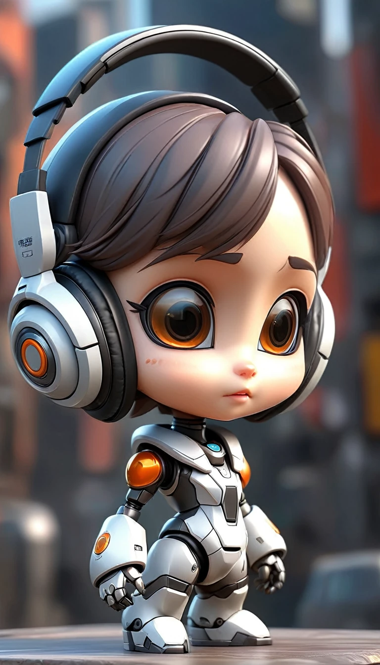 female anime mech, chibi, cute, wearing futuristic headphone, full body, conducting pose, realistic, high detailed, high resolution, hdr, ultra-realistic