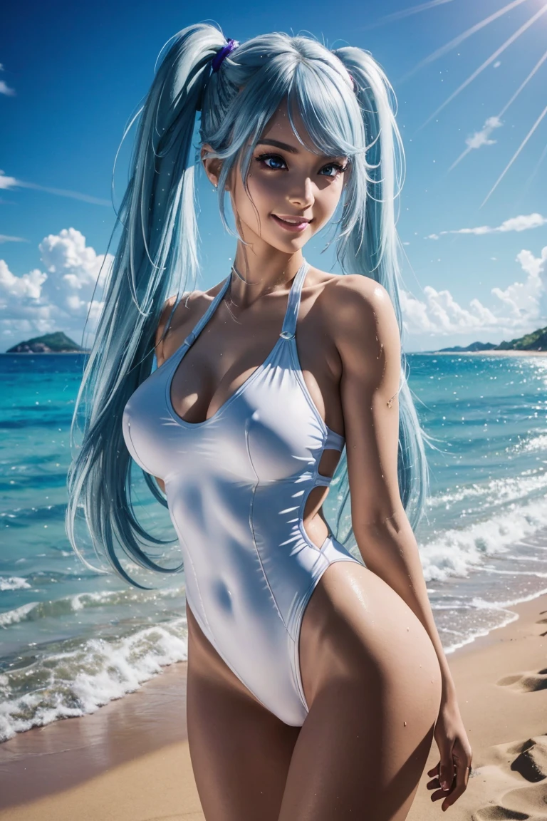 I want to be a powerful figure behind the scenes！,Epsilon,Silver blue hair,long hair,Twin tails,Aligned bangs,Beautiful purple eyes,Beautiful white skin,Photorealistic,Ultra HD,high quality,masterpiece,Digital SLR,Detailed details,Intricate details,Anatomical basis,Depicted in detail,A detailed face,Realistic skin texture,Vivid details,Perfect Anatomy,Perfect Anatomy,Anatomically correct hand,Anatomically correct fingers,Super Detail,Complex 3D rendering,Sexy pose,White swimsuit,Wet,Beautiful blue sky,Beautiful sunny beach,Fantasy worldview,Picturesque,Pink Lips,smile,