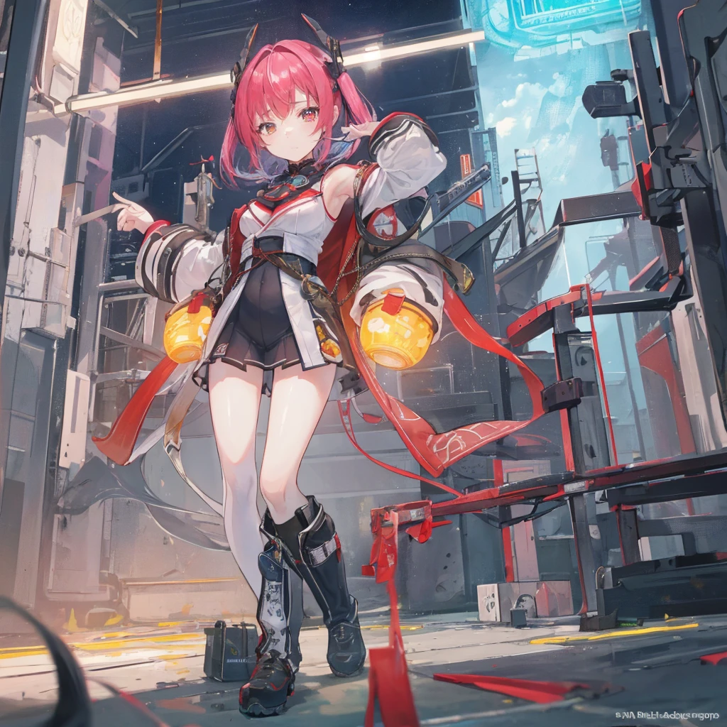 ((masterpiece, best quality)),illustration,Super Fine 8k,Reality,Clear focus,Very detailed,Professional lighting,Colorful Detailed,Extremely long shot of the rainbow-colored BREAK factory,Large machinery construction,Microchip,,Luminescence,Intricate details,Shitu-mecha,1 girl standing in front of the audience,Umbilical cord