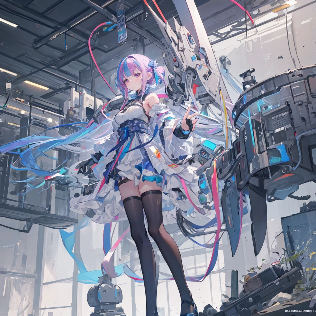 ((masterpiece, best quality)),illustration,Super Fine 8k,Reality,Clear focus,Very detailed,Professional lighting,Colorful Detailed,Extremely long shot of the rainbow-colored BREAK factory,Large machinery construction,Microchip,,Luminescence,Intricate details,Shitu-mecha,1 girl standing in front of the audience,Umbilical cord