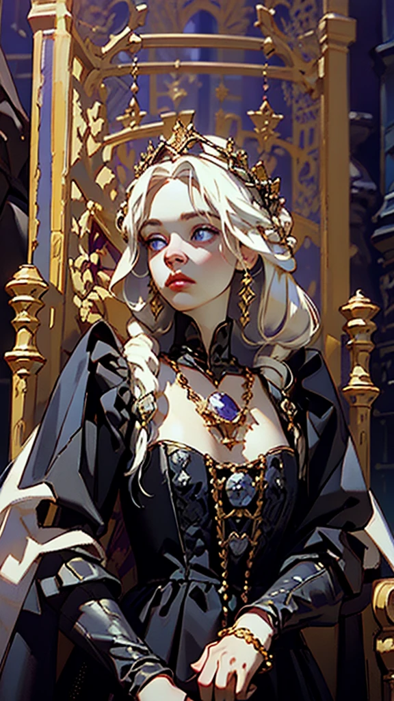 Beautiful albino woman with detailed braided medieval hairstyle (updo) (white hair) being queen,wearing detailed medieval gown (red and black colours), with gold accessories and gold tiara, medieval queen, medieval woman,queen,game of thrones style,daenerys targaryen style, high quality, very detailed,hd quality, masterpiece ((purple eyes))