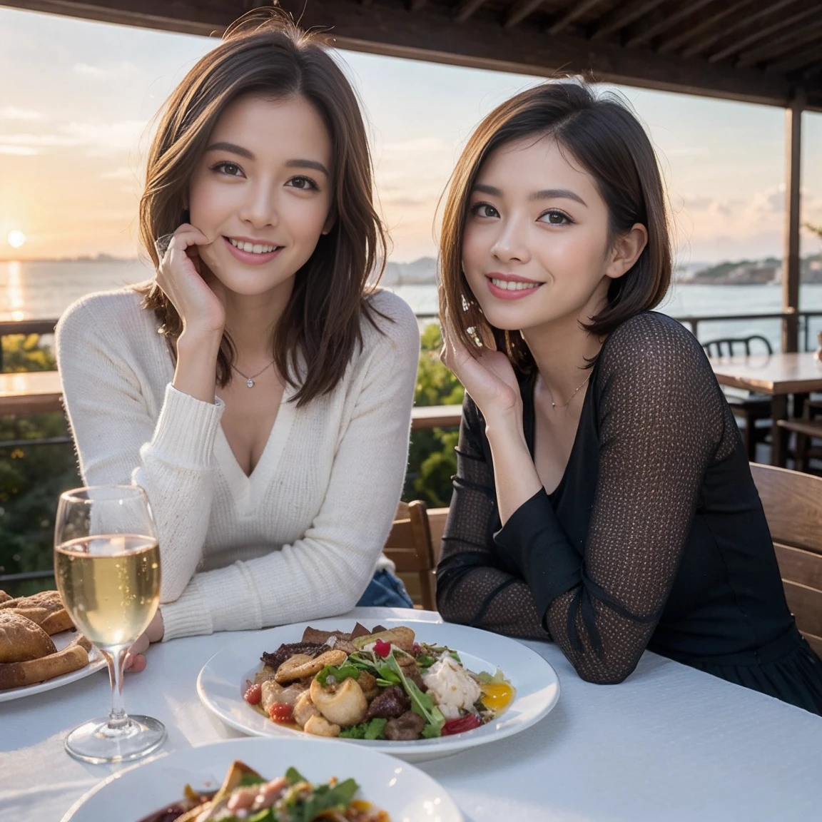 ((Highest quality、8k、masterpiece:1.3))、Slim couple、Model Couple、(Realistic, Intricate details:1.2), full-course dinner、wine 、Amazing view of the sunset sky and clouds、Bright smile、The beauty of a smile、Bright image、wineの美しさ, Beautiful Face, blue eyes, The light shines on your face, blush, short hair,Bright Face、 (Age 35), 38 years old, 赤wine 、Appetizers、Italian food、wine bottle、Champagne、スパークリングwine、Two beauties、Brown Hair、Shortcuts、Long sleeve shirt、dress、Two beautiful women