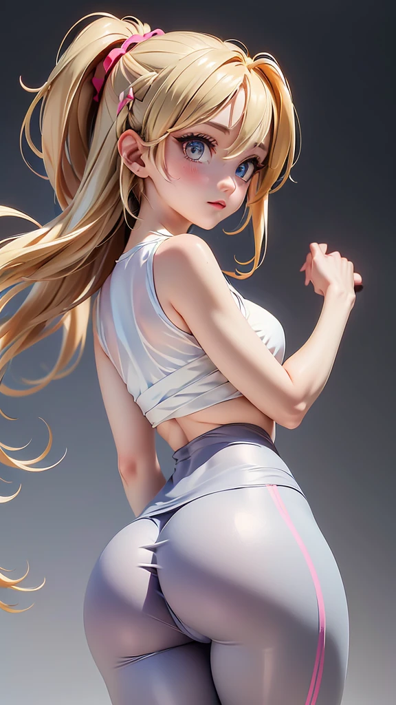 (((hyperrealistic))), (illustration), (((high resolution 32k))), (((32k))), (((extremely detailed))), (best illustration), (cute detailed eyes), (((best quality))), (((hyper detailed))), (artwork), (wallpaper), (((detailed face))), 1 girl, white wavy hair, Korean, heterochromatic eyes, small spots on eyes, loose white shirt, yoga pants, broad shoulders, long legs, tight abdomen, camel crotch, dynamic pose, (((showing the signs of clothing))), (((the dynamic view from behind))), (((hyper detailed clothing))), (((highlighted colors))),