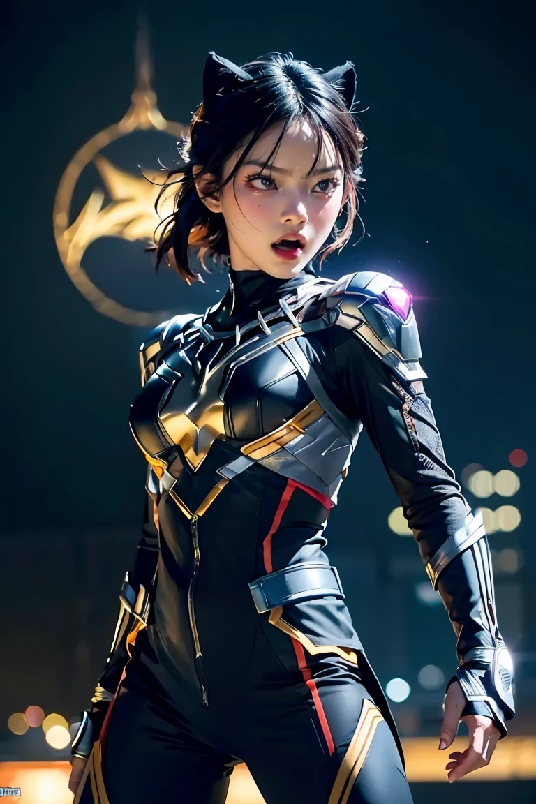 (best quality,highres:1.2), realistic, vibrant colors, detailed face and expression, fierce gaze, powerful stance, , glowing vibranium claws, night scene, strong lighting, superhero, action-packed, dynamic pose, 1 girl, Black panther suit,