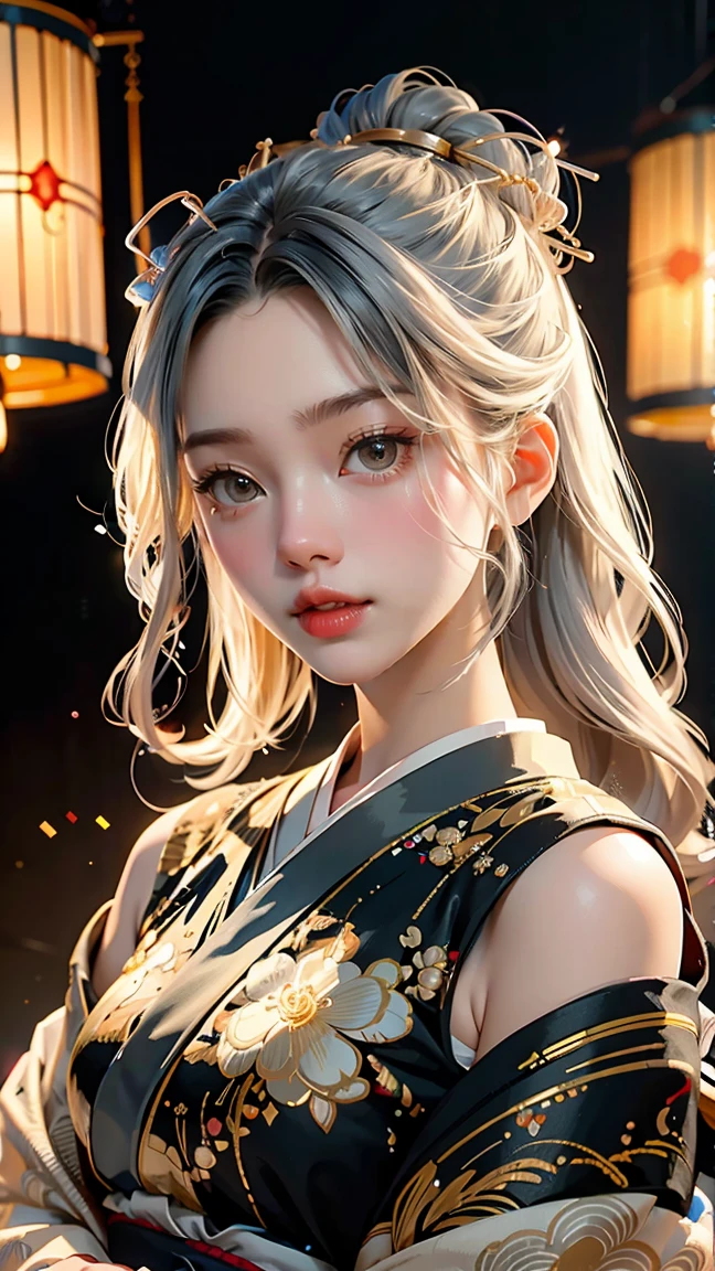 A portrait photograph of mid-twenties Japanese female android made of white and silver transparent glass and plastic, geisha makeup, black hairstyle, silver and gold metal internal body mechanisms, dynamic pose, flowing organic construction, detailed engraving, lacework designs, glowing golden circuitry, colorful neon trim, detailed engraving, lacework designs, glowing circuitry, neon trim, art by H.R. Giger, Greg Rutowski