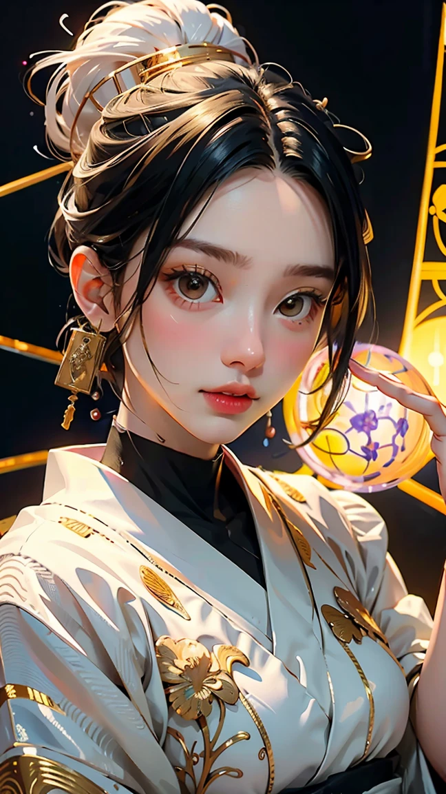 A portrait photograph of mid-twenties Japanese female android made of white and silver transparent glass and plastic, geisha makeup, black hairstyle, silver and gold metal internal body mechanisms, dynamic pose, flowing organic construction, detailed engraving, lacework designs, glowing golden circuitry, colorful neon trim, detailed engraving, lacework designs, glowing circuitry, neon trim, art by H.R. Giger, Greg Rutowski