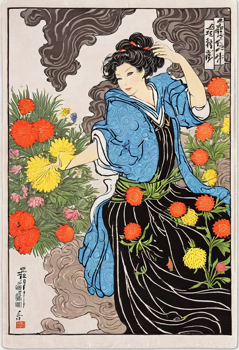 (top quality, navi is ukiyo-e, prints, well-formed two-dimensional works, exaggerated outlines, delicate and bewitching, fantastic drawings), artistic, illustration of a girl with a bouquet of flowers, waist shot, short wavy hair, long eyelashes, looking at the viewer, silk collarless blouse, (ukiyo-e, prints, exaggerated contours, delicate and bewitching, fantastic patterns), deep tones, masterpieces
