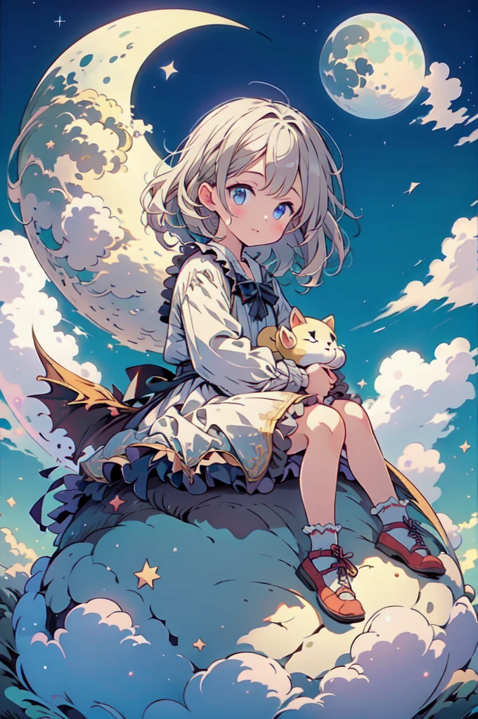 (a little girl), charming, short white dress, dragon, cute, (sitting moon), moon, stars, clouds, masterpiece, best quality,  (masterpiece,best quality:1.5)