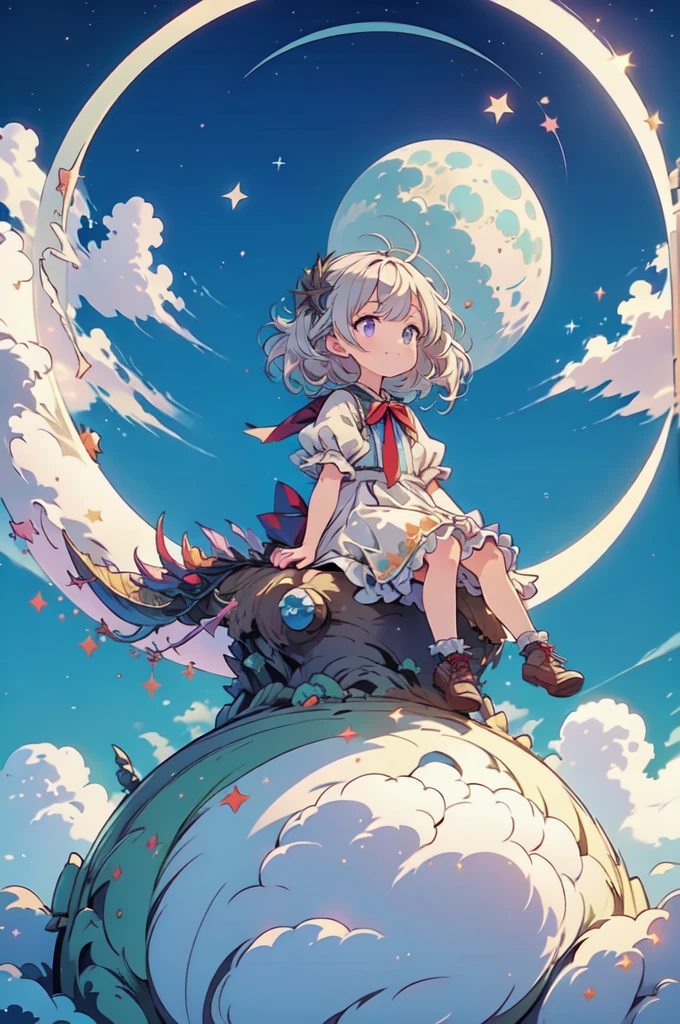 (a little girl), charming, short white dress, dragon, cute, (sitting moon), moon, stars, clouds, masterpiece, best quality,  (masterpiece,best quality:1.5)