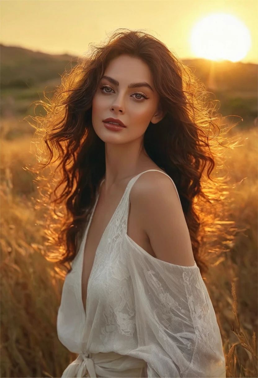 a beautiful woman bathed in backlight of a setting sun, summer evening twilight, sky gradients from orange to deep indigo, woman looking romantically towards camera, brunette woman with semi-long wavy hair flowing in the wind, professional camera, professional lighting, (best quality,4k,8k,highres,masterpiece:1.2),ultra-detailed,(realistic,photorealistic,photo-realistic:1.37),beautiful detailed eyes,beautiful detailed lips,extremely detailed eyes and face,longeyelashes,landscape,cinematic lighting,warm color tones,dramatic lighting