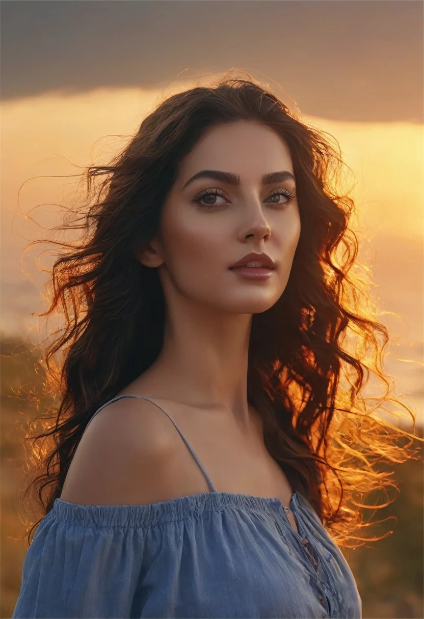 a beautiful woman bathed in backlight of a setting sun, summer evening twilight, sky gradients from orange to deep indigo, woman looking romantically towards camera, brunette woman with semi-long wavy hair flowing in the wind, professional camera, professional lighting, (best quality,4k,8k,highres,masterpiece:1.2),ultra-detailed,(realistic,photorealistic,photo-realistic:1.37),beautiful detailed eyes,beautiful detailed lips,extremely detailed eyes and face,longeyelashes,landscape,cinematic lighting,warm color tones,dramatic lighting