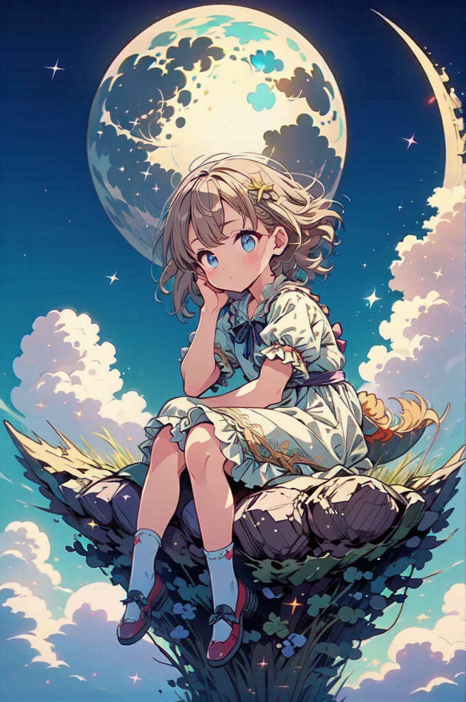 (a little girl), charming, short white dress, dragon, cute, (sitting moon), moon, stars, clouds, masterpiece, best quality,  (masterpiece,best quality:1.5)