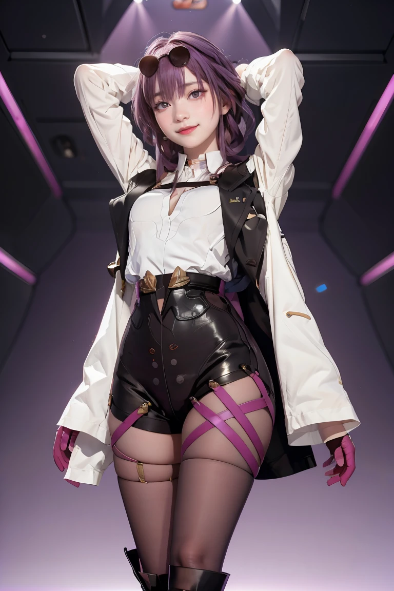 masterpiece, best quality, 1girl, KafkaV4, shirt, white shirt, jacket, purple hair, long sleeves, eyewear on head, sunglasses, boots, gloves, pantyhose, cowboy shot, standing, gradient background, spaceship, closed mouth, smile, looking at viewer, 