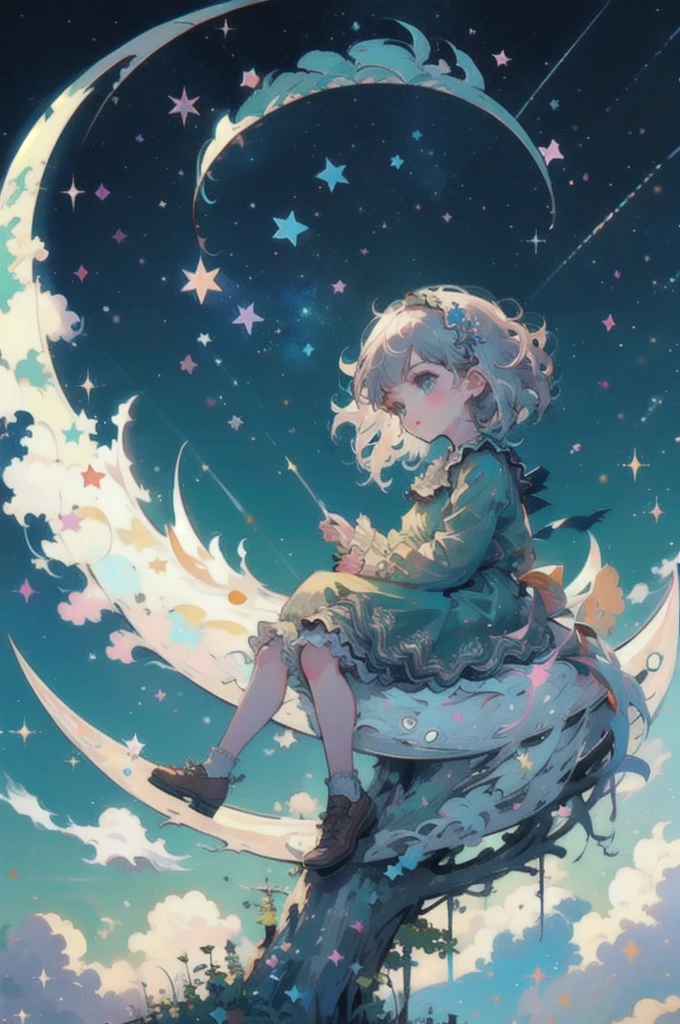 (a little girl), charming, short white dress, dragon, cute, (sitting moon), moon, stars, clouds, masterpiece, best quality,  (masterpiece,best quality:1.5)